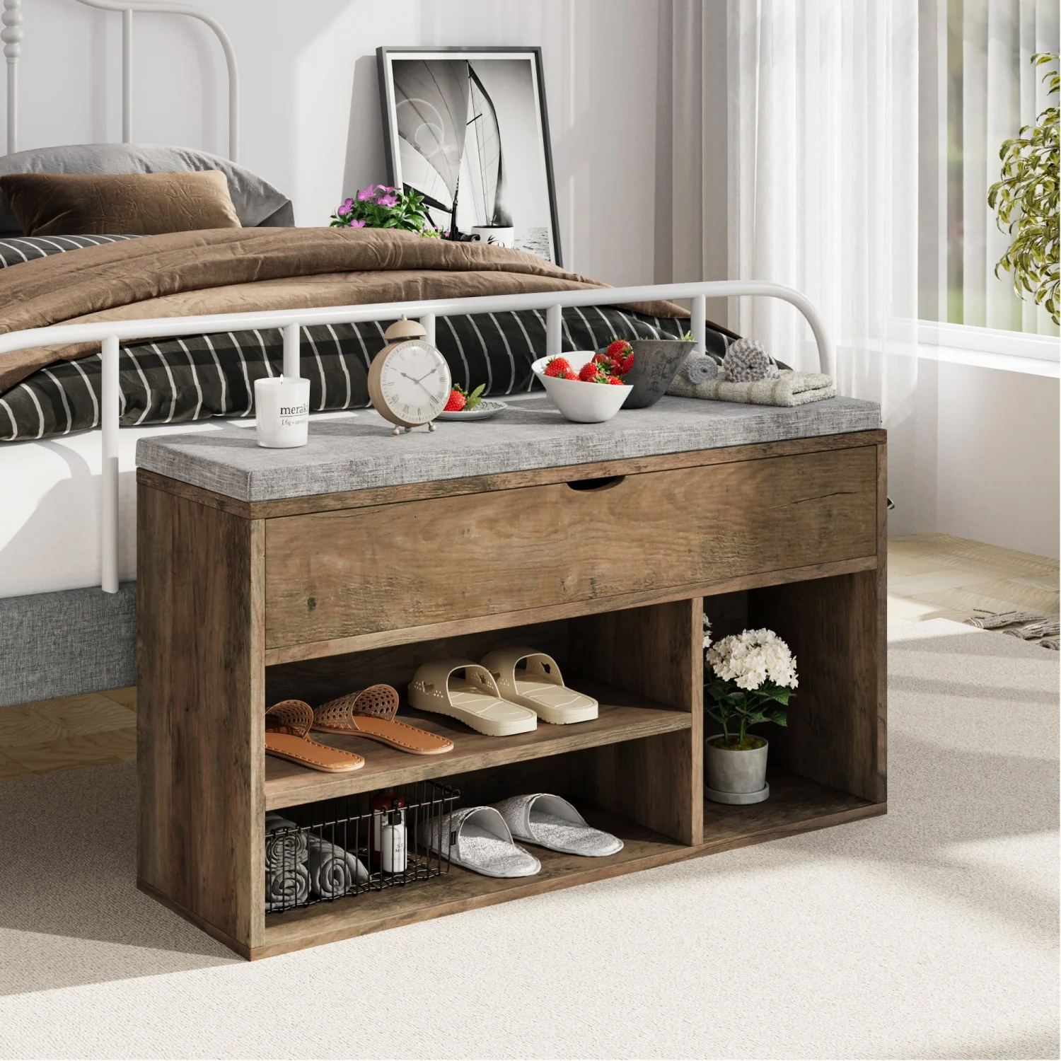 Shoe Storage Bench with Cushion, Entryway Bench with Padded Seat & Flip-Top Storage, 100cm Shoe Rack Organizer for Hallway