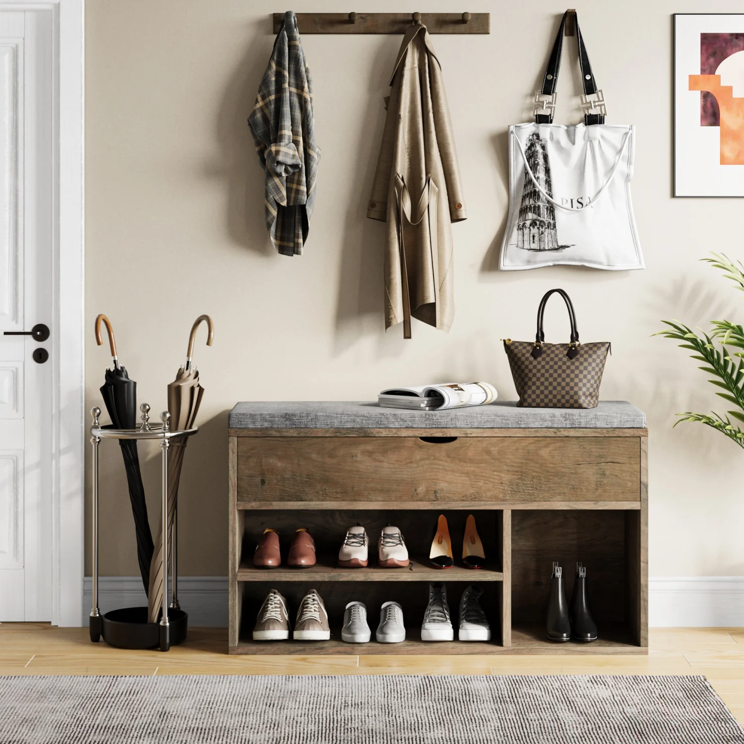 Shoe Storage Bench with Cushion, Entryway Bench with Padded Seat & Flip-Top Storage, 100cm Shoe Rack Organizer for Hallway