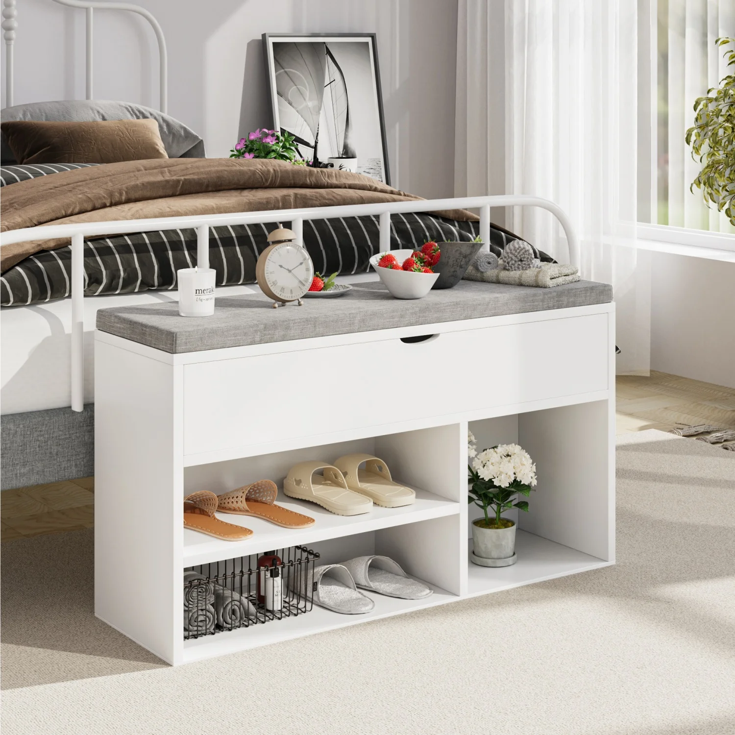 Shoe Storage Bench with Cushion, Entryway Bench with Padded Seat & Flip-Top Storage, 100cm Shoe Rack Organizer for Hallway