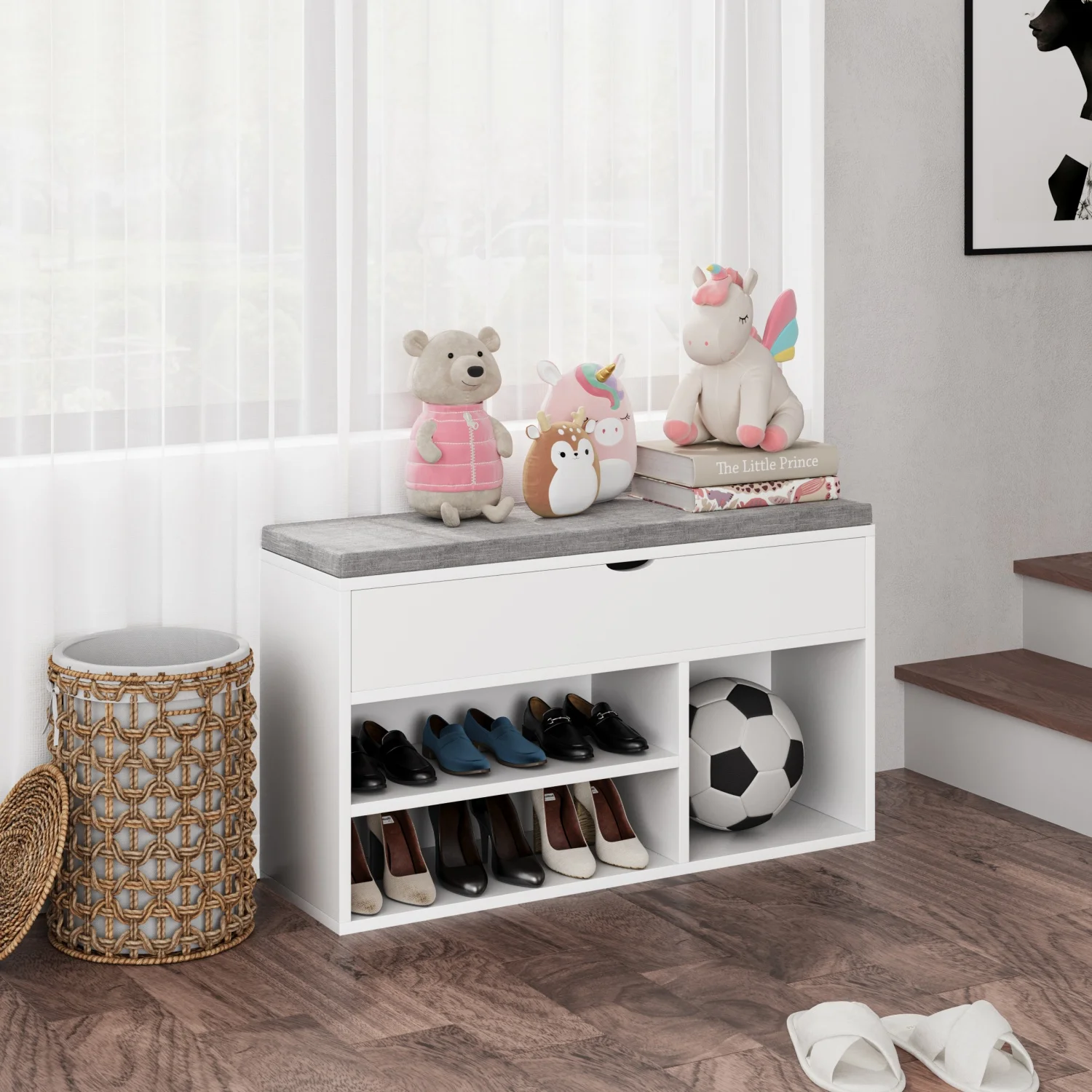 Shoe Storage Bench with Cushion, Entryway Bench with Padded Seat & Flip-Top Storage, 100cm Shoe Rack Organizer for Hallway