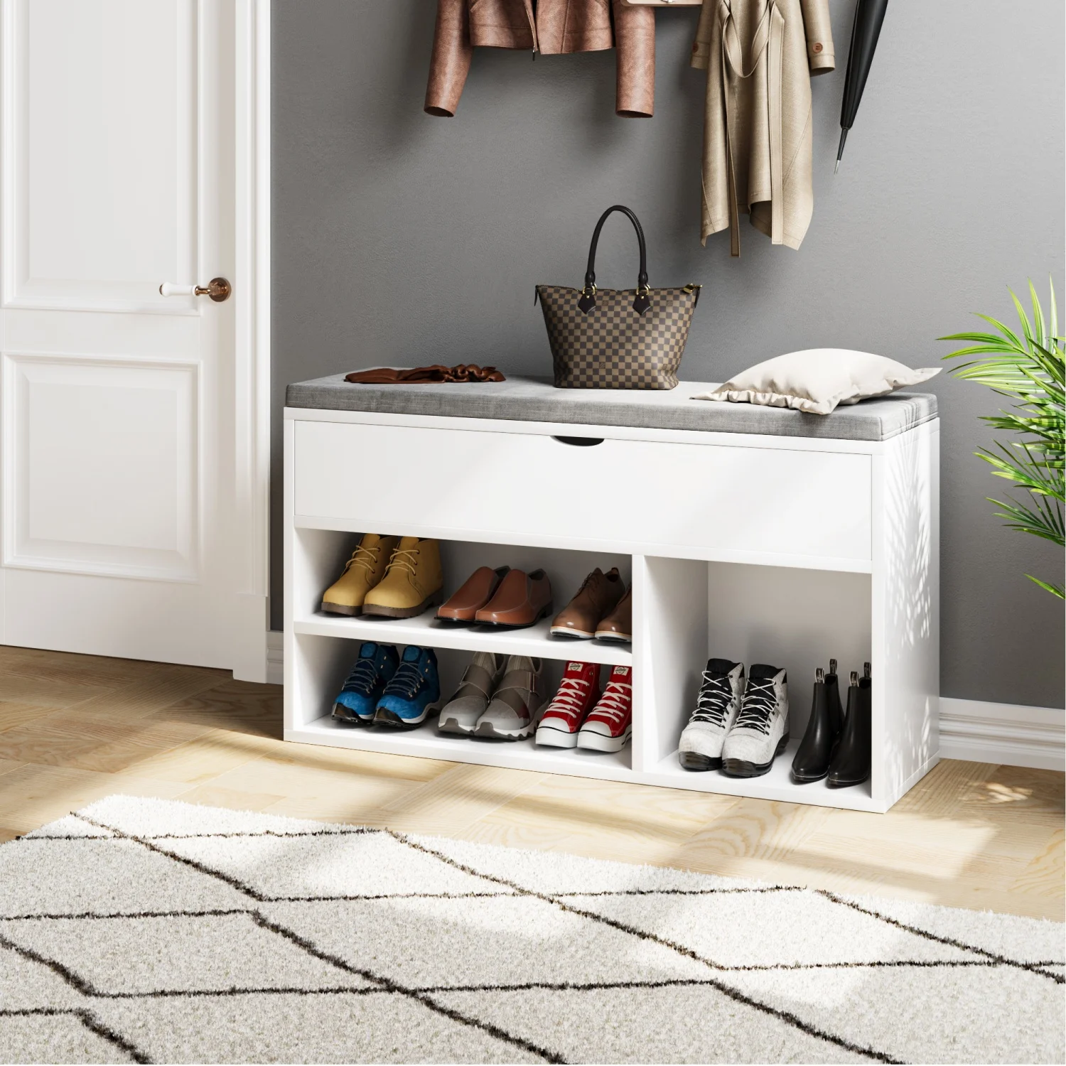 Shoe Storage Bench with Cushion, Entryway Bench with Padded Seat & Flip-Top Storage, 100cm Shoe Rack Organizer for Hallway