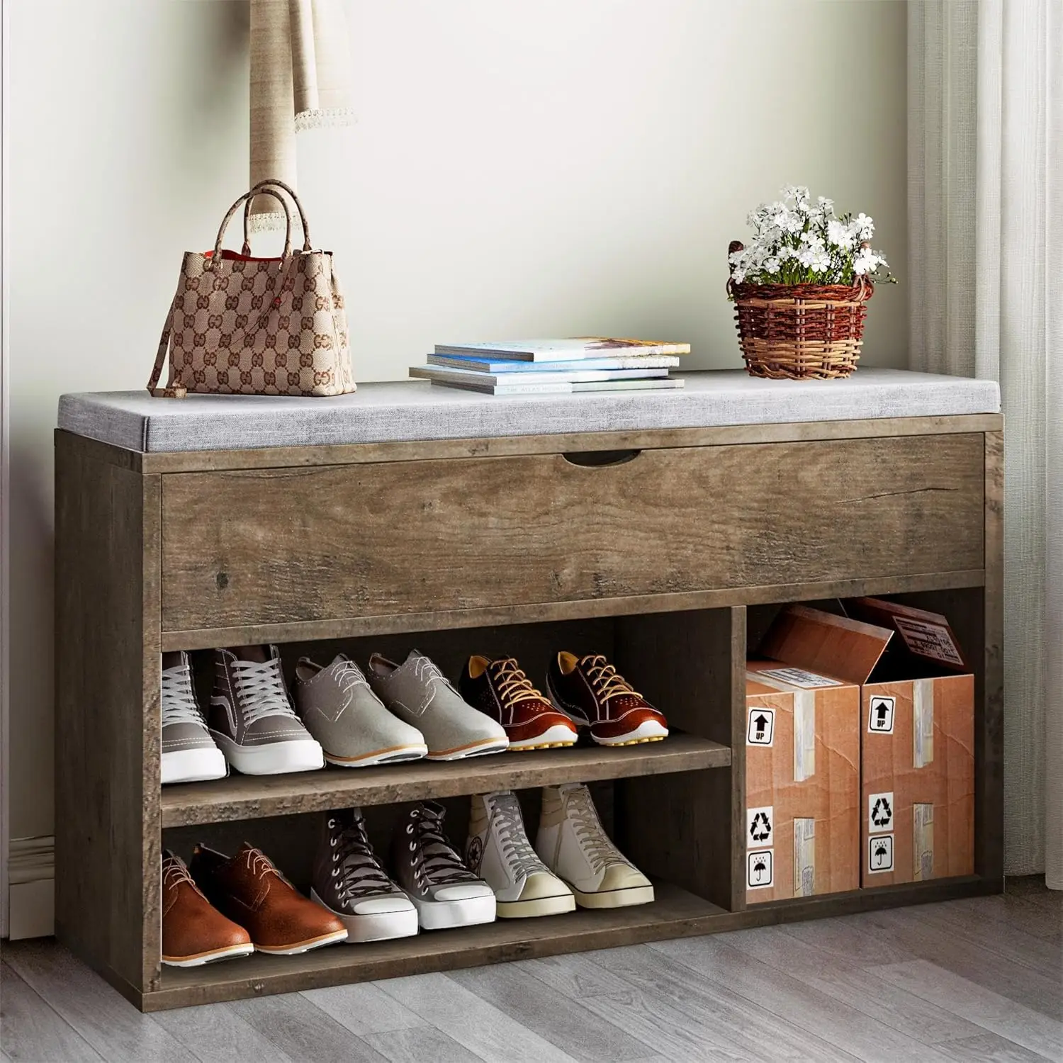 Shoe Storage Bench with Cushion, Entryway Bench with Padded Seat & Flip-Top Storage, 100cm Shoe Rack Organizer for Hallway
