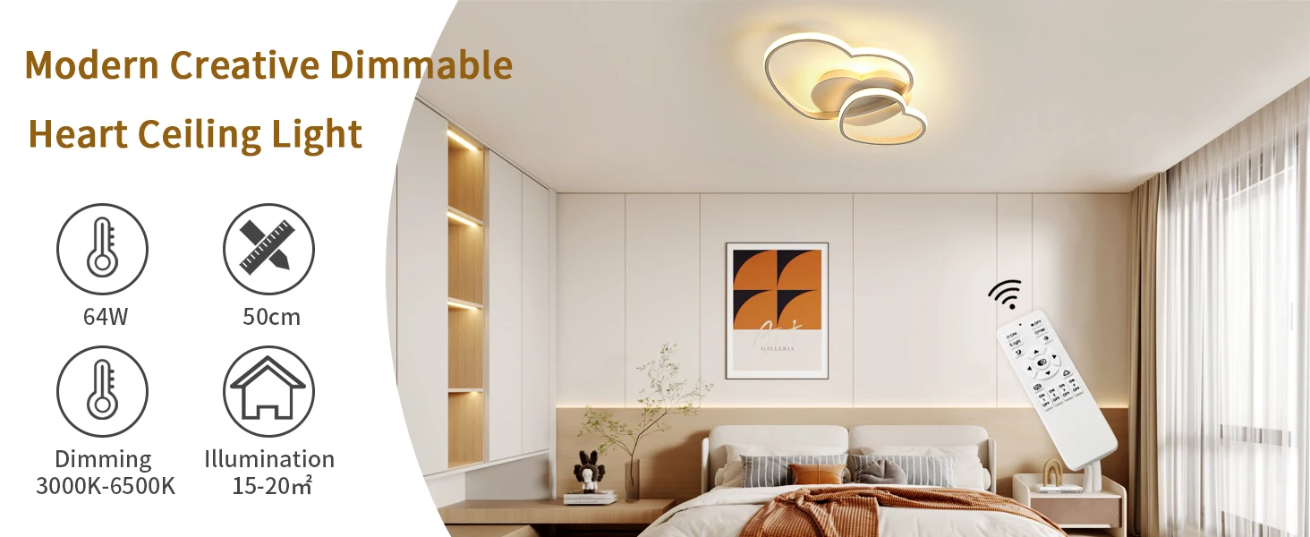 LED Ceiling Light, Golden Heart Ceiling Lamp Modern, Dimmable 3000K-6500K Lamp with Remote Control for Bedroom, Dining Room