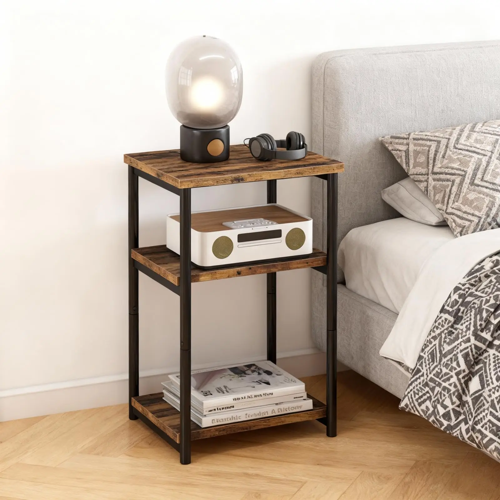 3 Tier End Table, Tall Side Table with Storage, Telephone Tables with Metal Frame Small Nightstand for Small Spaces