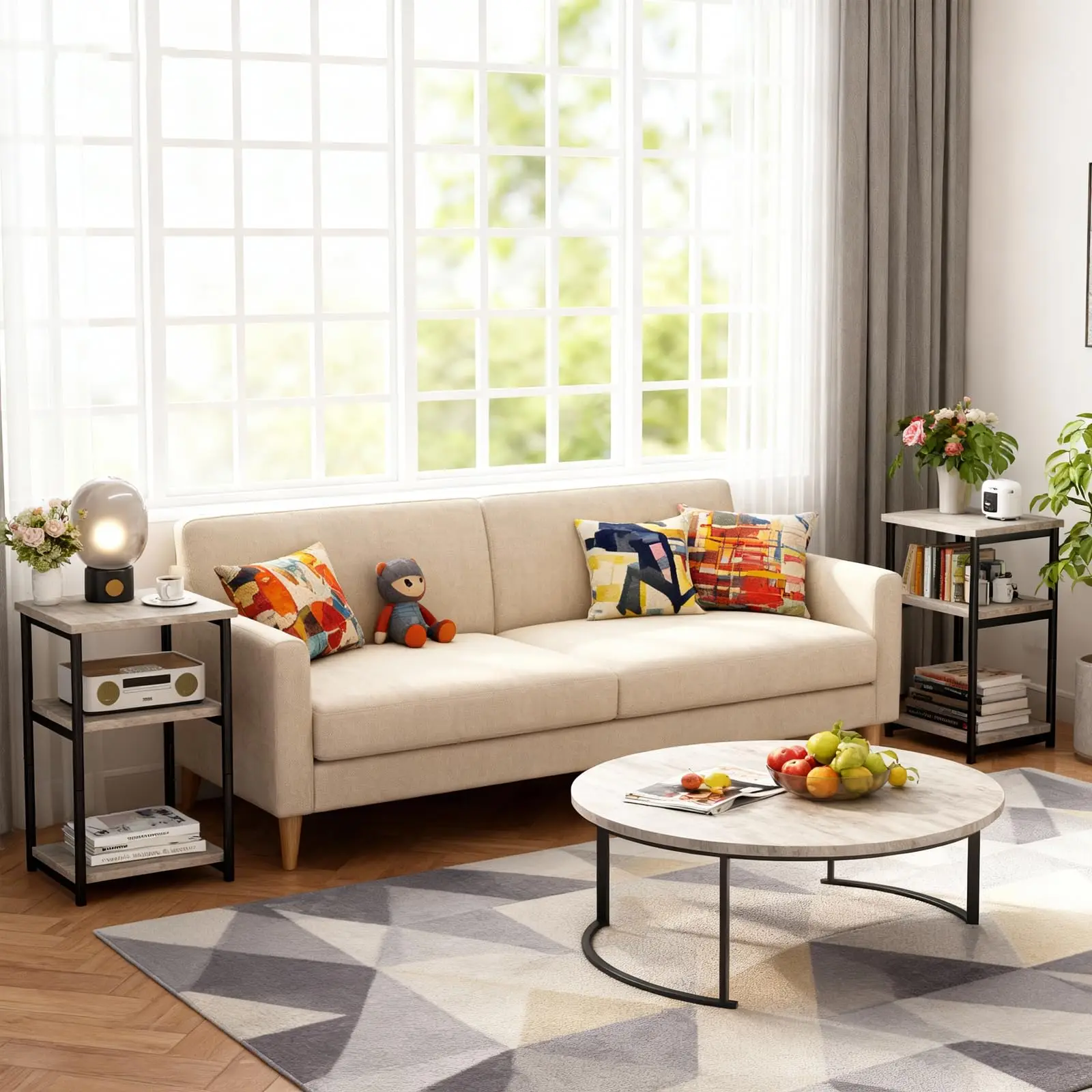 3 Tier End Table, Tall Side Table with Storage, Telephone Tables with Metal Frame Small Nightstand for Small Spaces