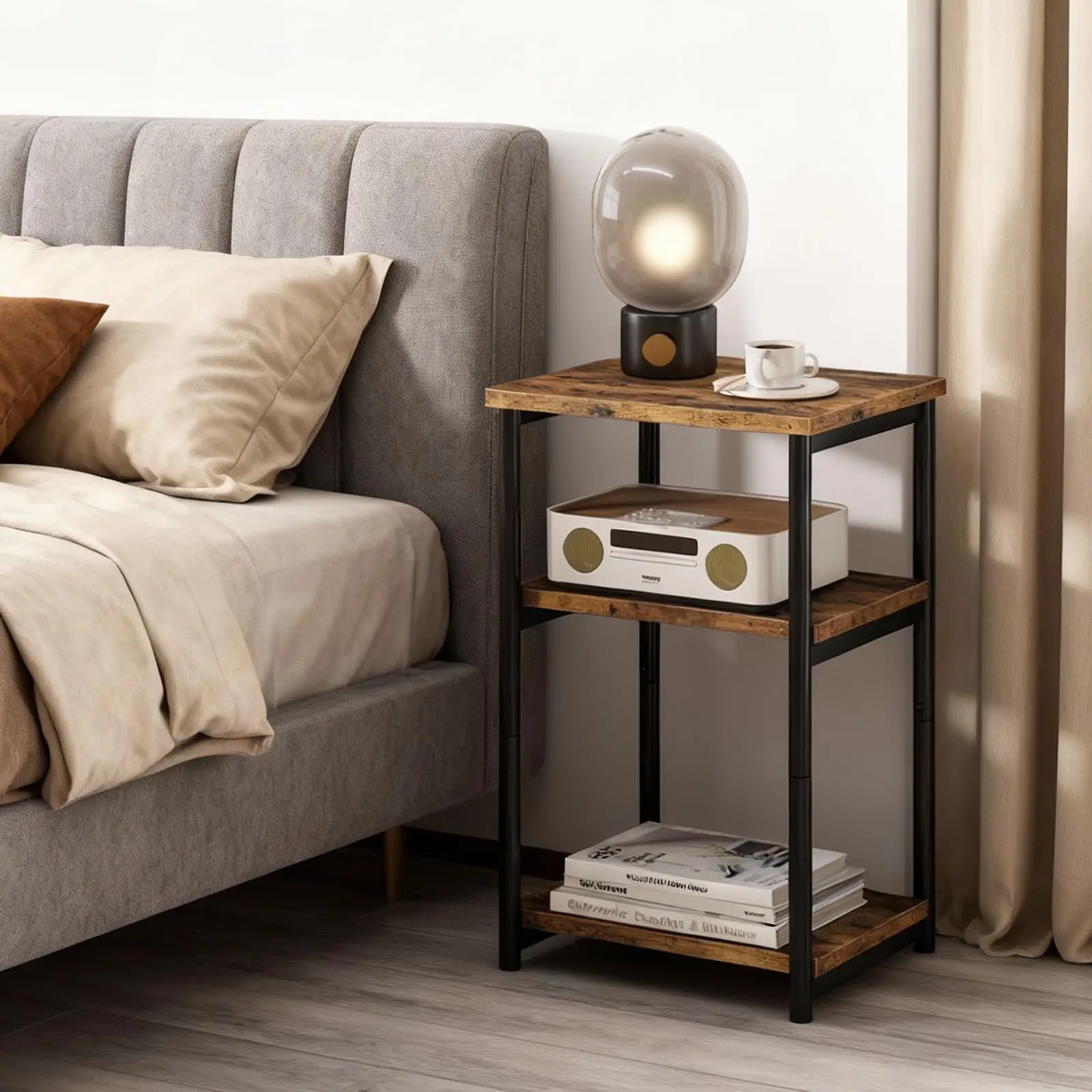 3 Tier End Table, Tall Side Table with Storage, Telephone Tables with Metal Frame Small Nightstand for Small Spaces