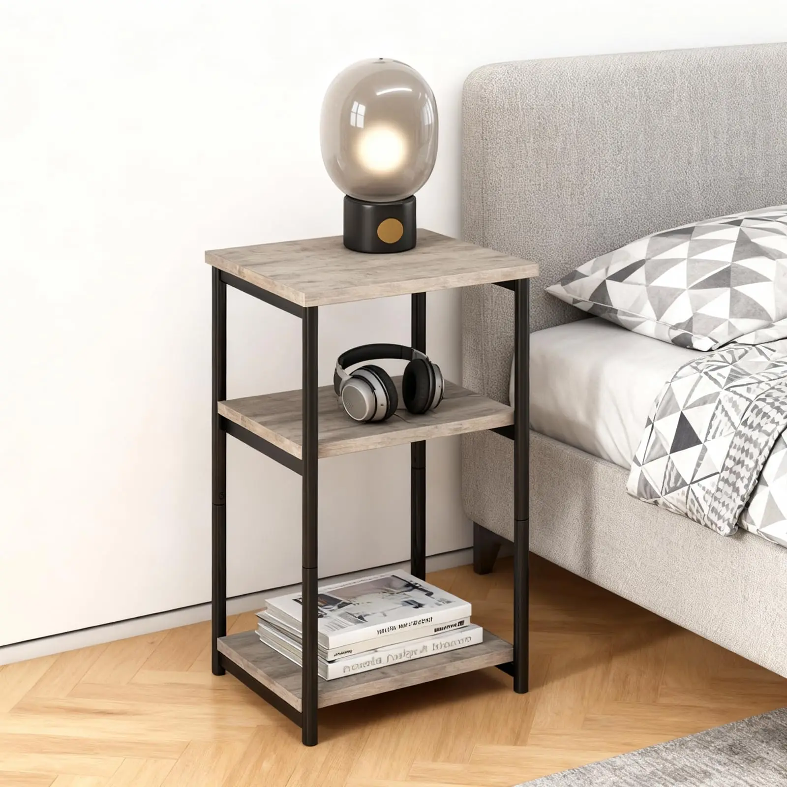3 Tier End Table, Tall Side Table with Storage, Telephone Tables with Metal Frame Small Nightstand for Small Spaces