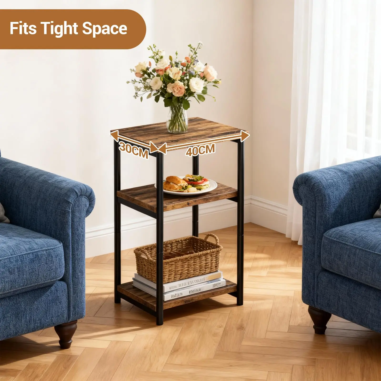 3 Tier End Table, Tall Side Table with Storage, Telephone Tables with Metal Frame Small Nightstand for Small Spaces