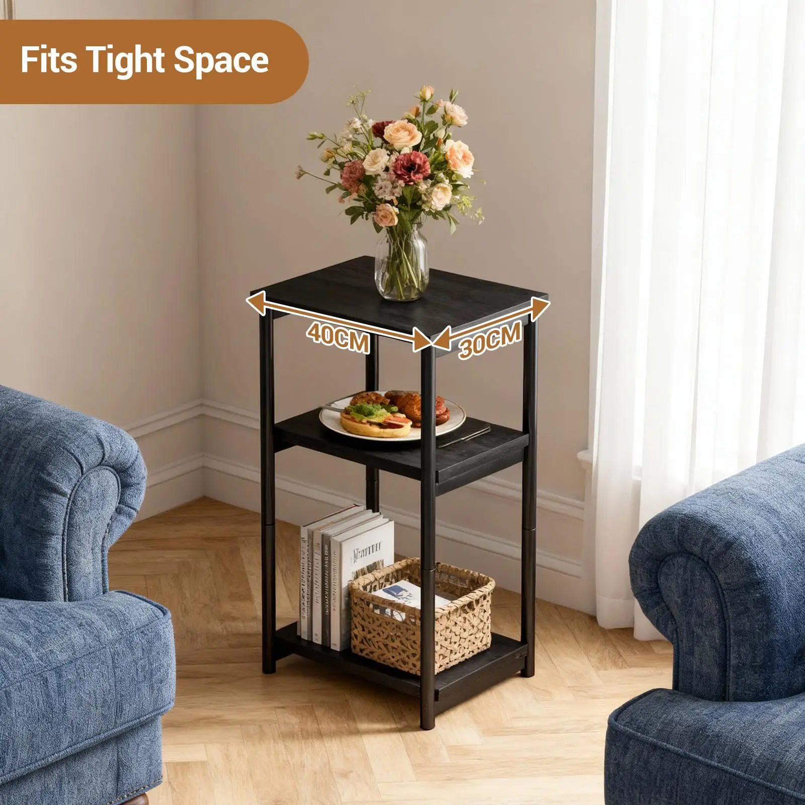 3 Tier End Table, Tall Side Table with Storage, Telephone Tables with Metal Frame Small Nightstand for Small Spaces