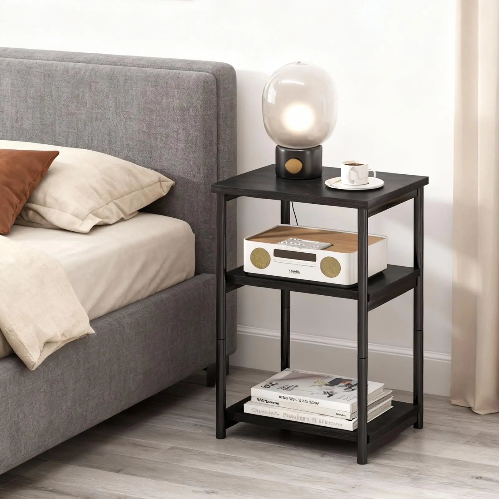 3 Tier End Table, Tall Side Table with Storage, Telephone Tables with Metal Frame Small Nightstand for Small Spaces