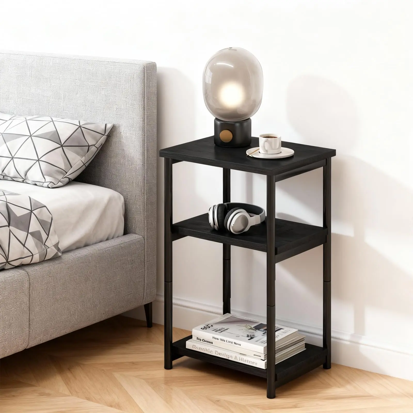 3 Tier End Table, Tall Side Table with Storage, Telephone Tables with Metal Frame Small Nightstand for Small Spaces