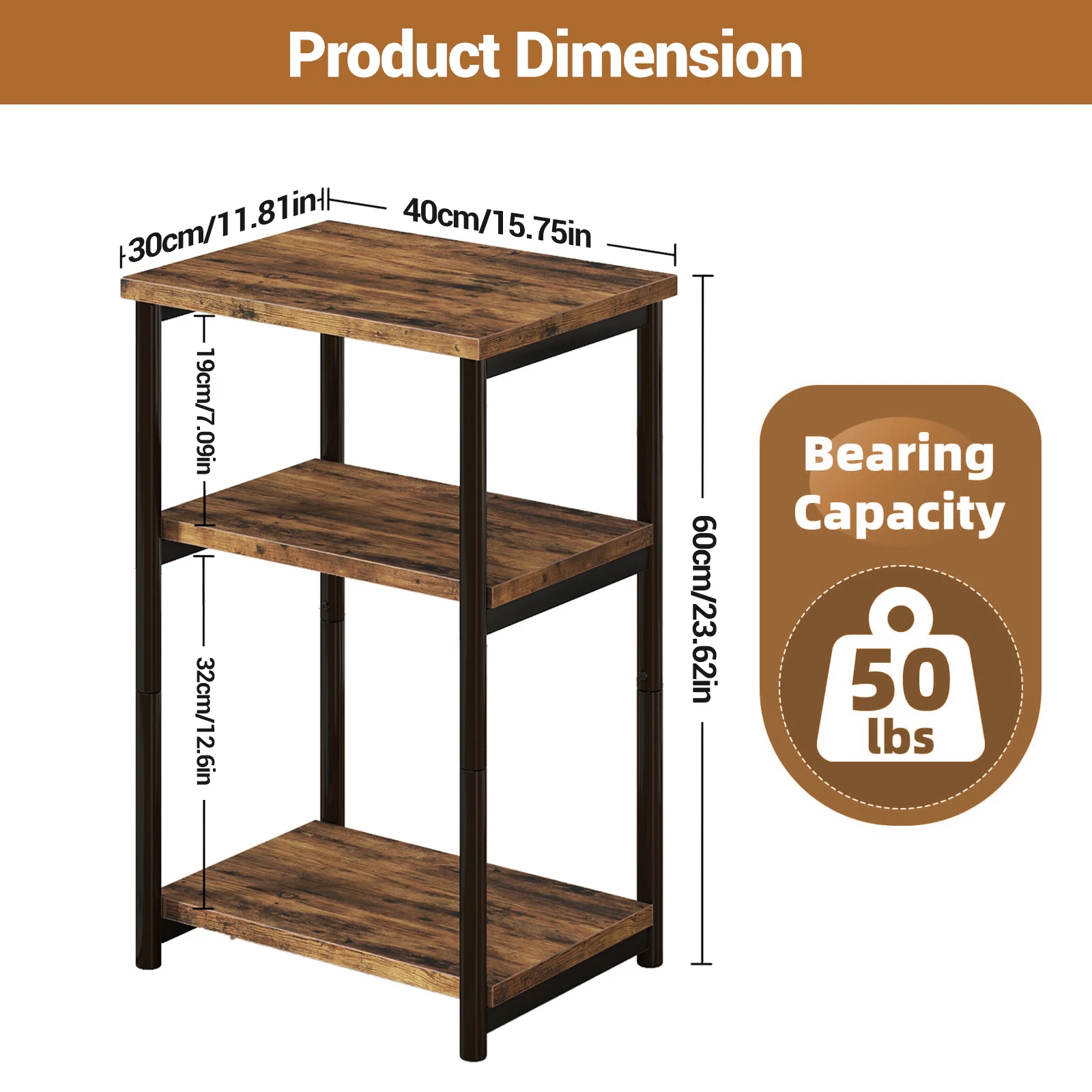 3-Tier End Table with Storage Shelves – Rustic Narrow Sofa Side Table for Small Spaces – Metal Frame Accent Bedside Table for Li