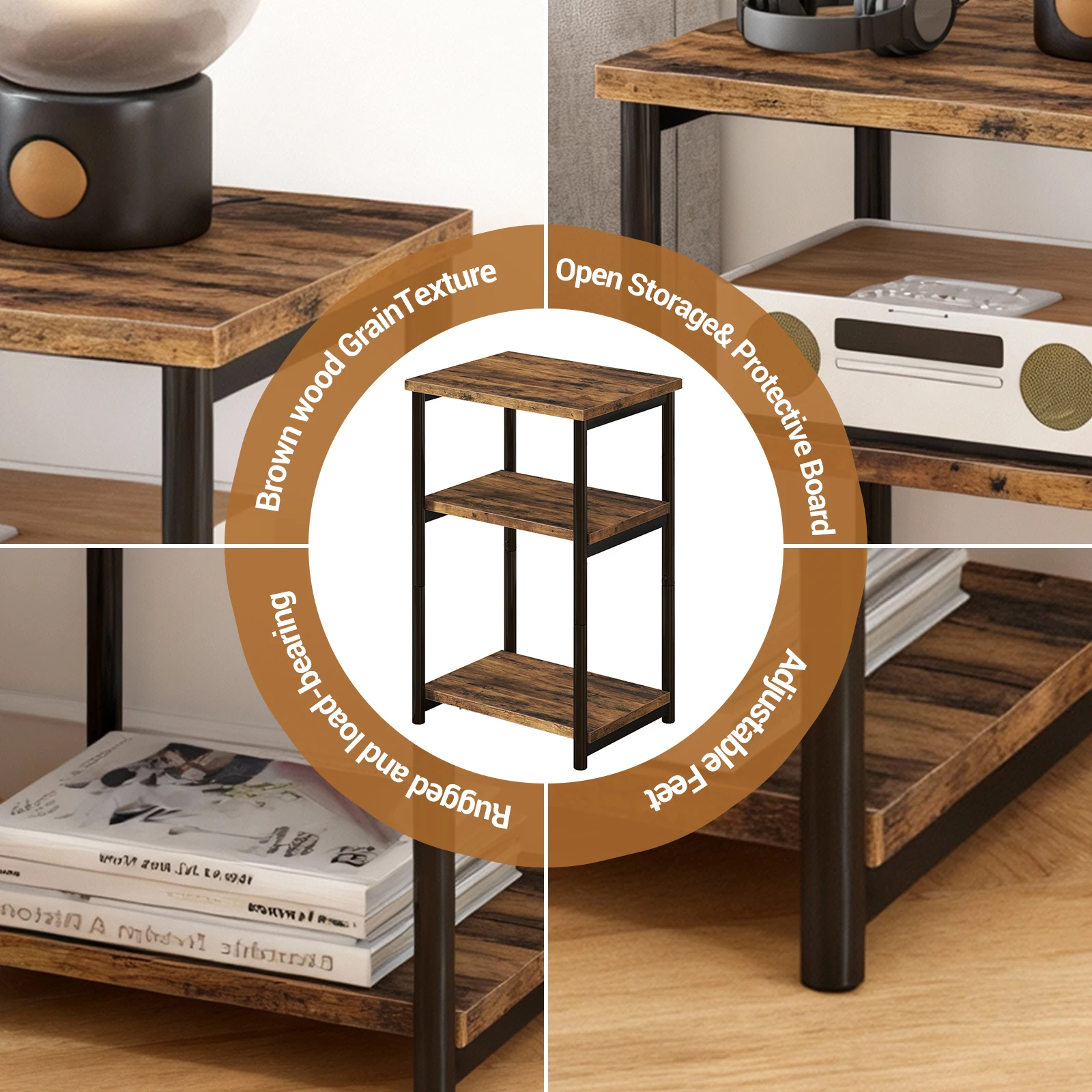 3-Tier End Table with Storage Shelves – Rustic Narrow Sofa Side Table for Small Spaces – Metal Frame Accent Bedside Table for Li
