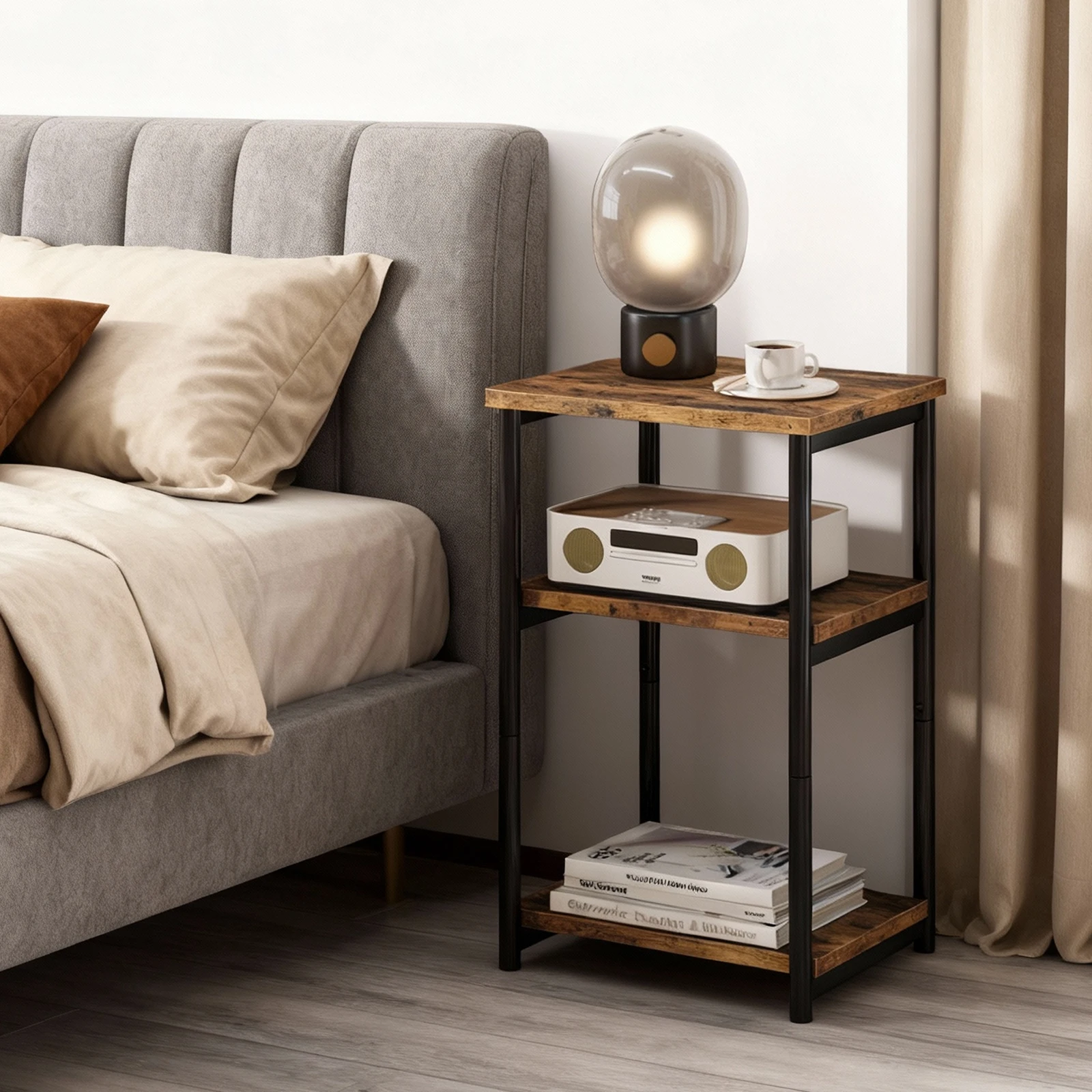 3-Tier End Table with Storage Shelves – Rustic Narrow Sofa Side Table for Small Spaces – Metal Frame Accent Bedside Table for Li