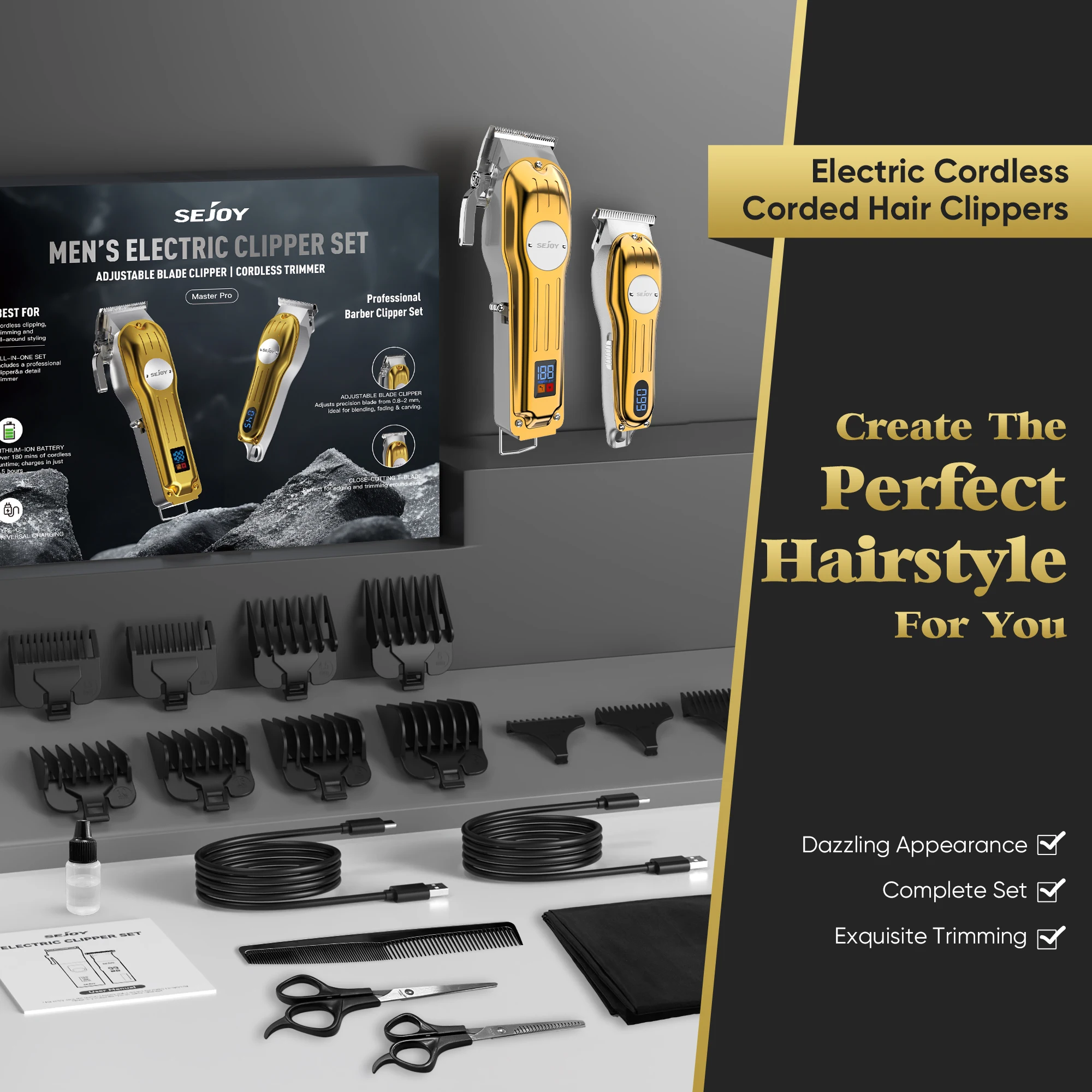 Sejoy Professional Combo Kits Hair Clipper Electric Hair Trimmer Set For Men Rechargeable Cordless Haircut Machine for Barber