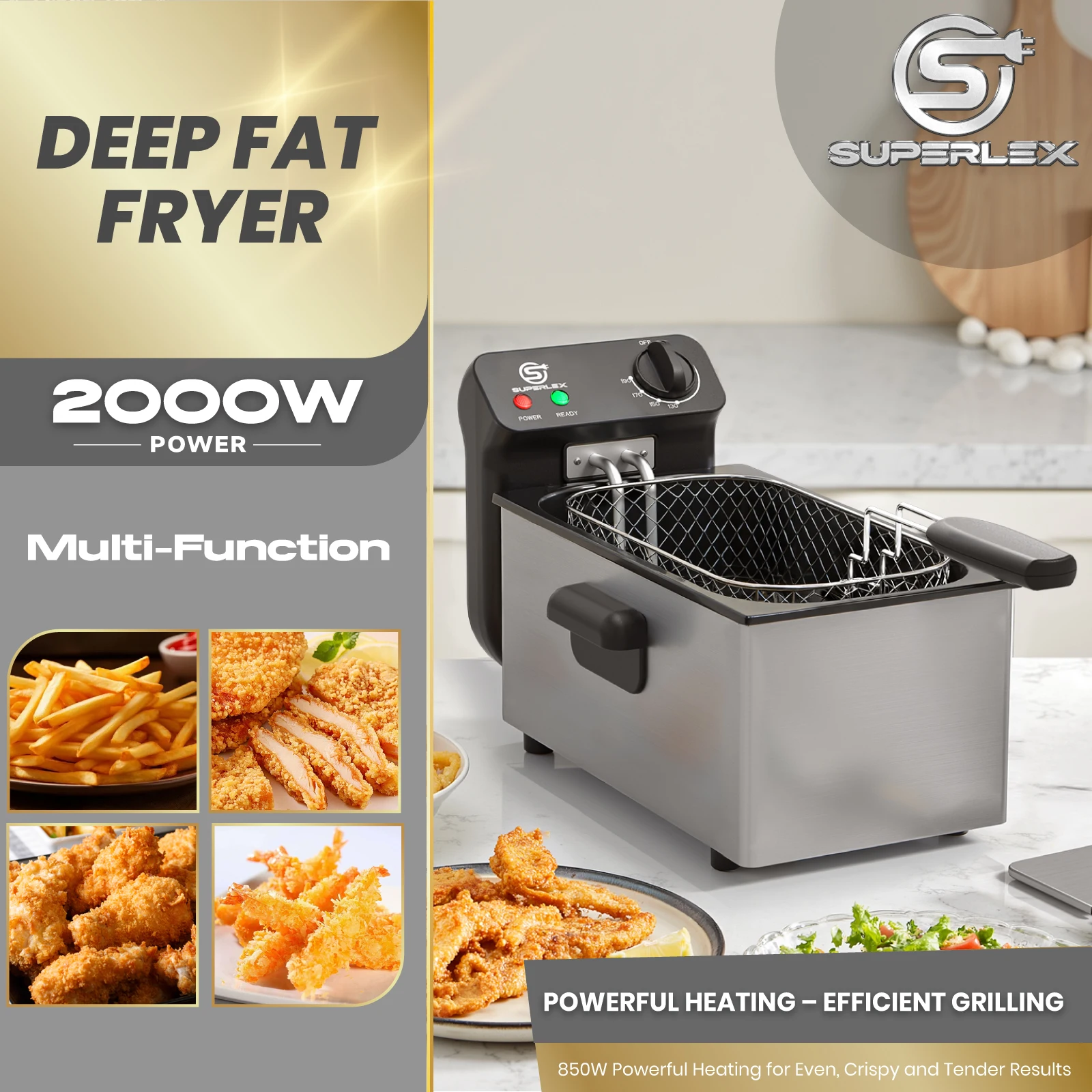 SUPERLEX 2000W Electric Deep Fryers Oil Adjustable Fried Chicken Grill French Fries Heating Cooker 3L Stainless Steel Fat Fryer