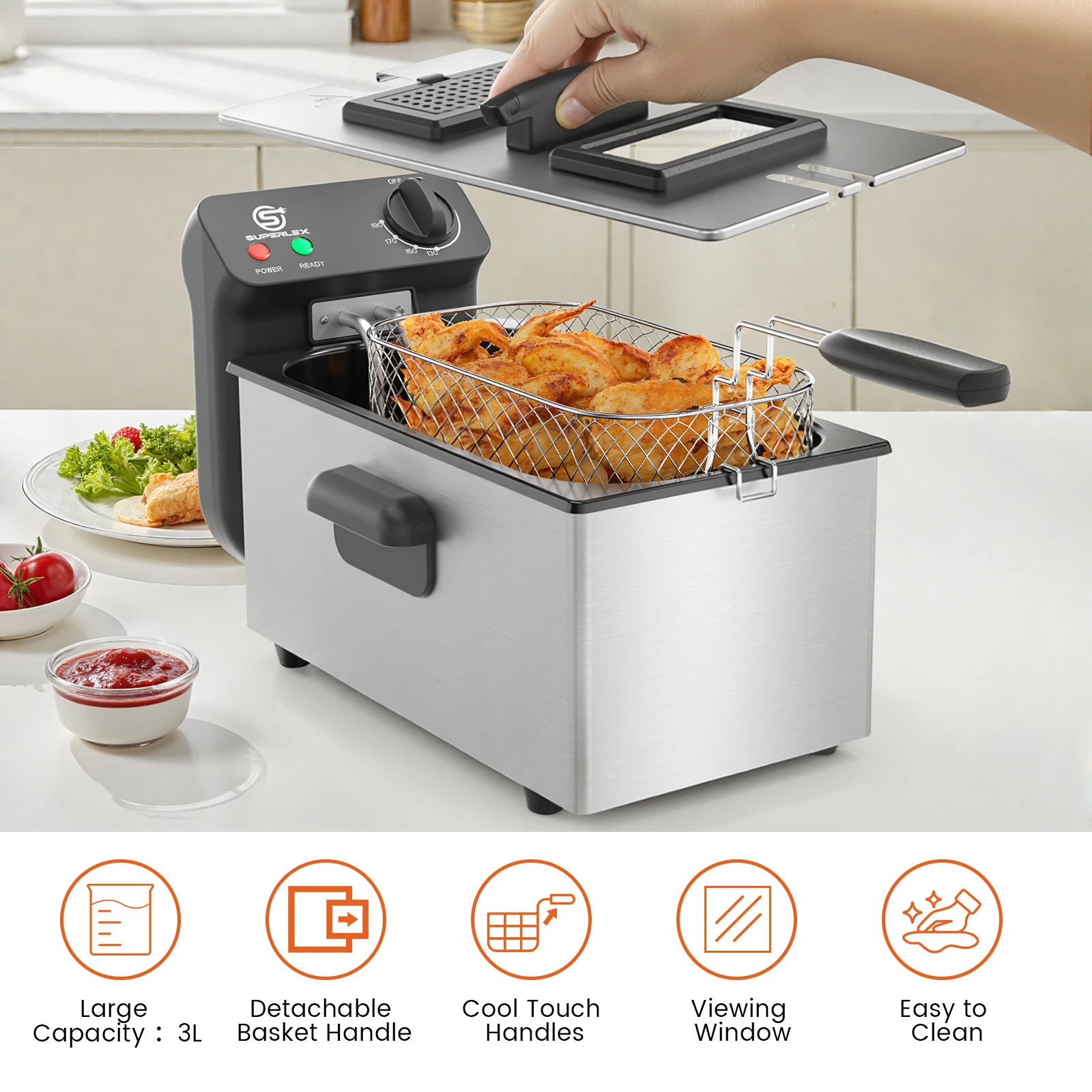 SUPERLEX 2000W Electric Deep Fryers Oil Adjustable Fried Chicken Grill French Fries Heating Cooker 3L Stainless Steel Fat Fryer