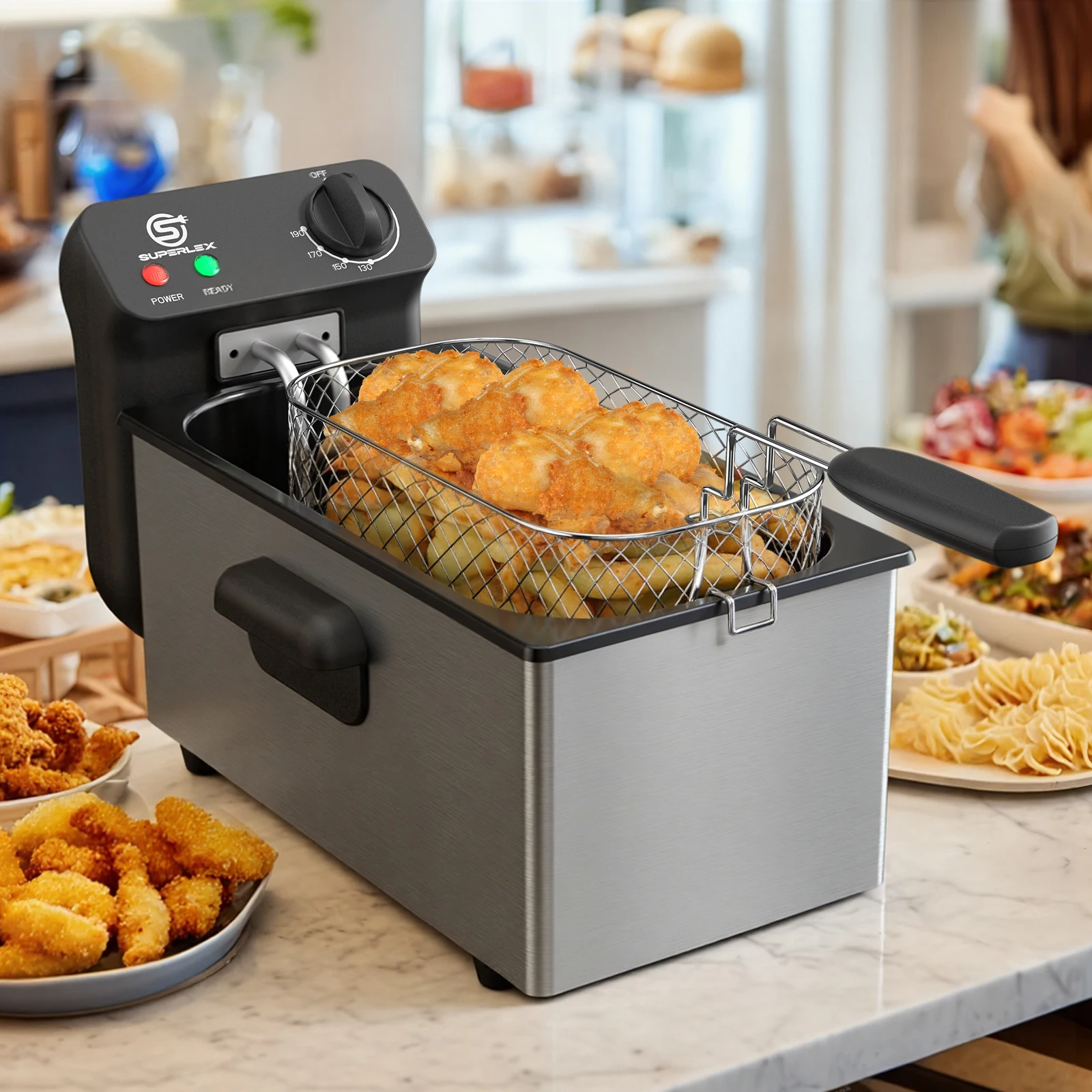 SUPERLEX 2000W Electric Deep Fryers Oil Adjustable Fried Chicken Grill French Fries Heating Cooker 3L Stainless Steel Fat Fryer