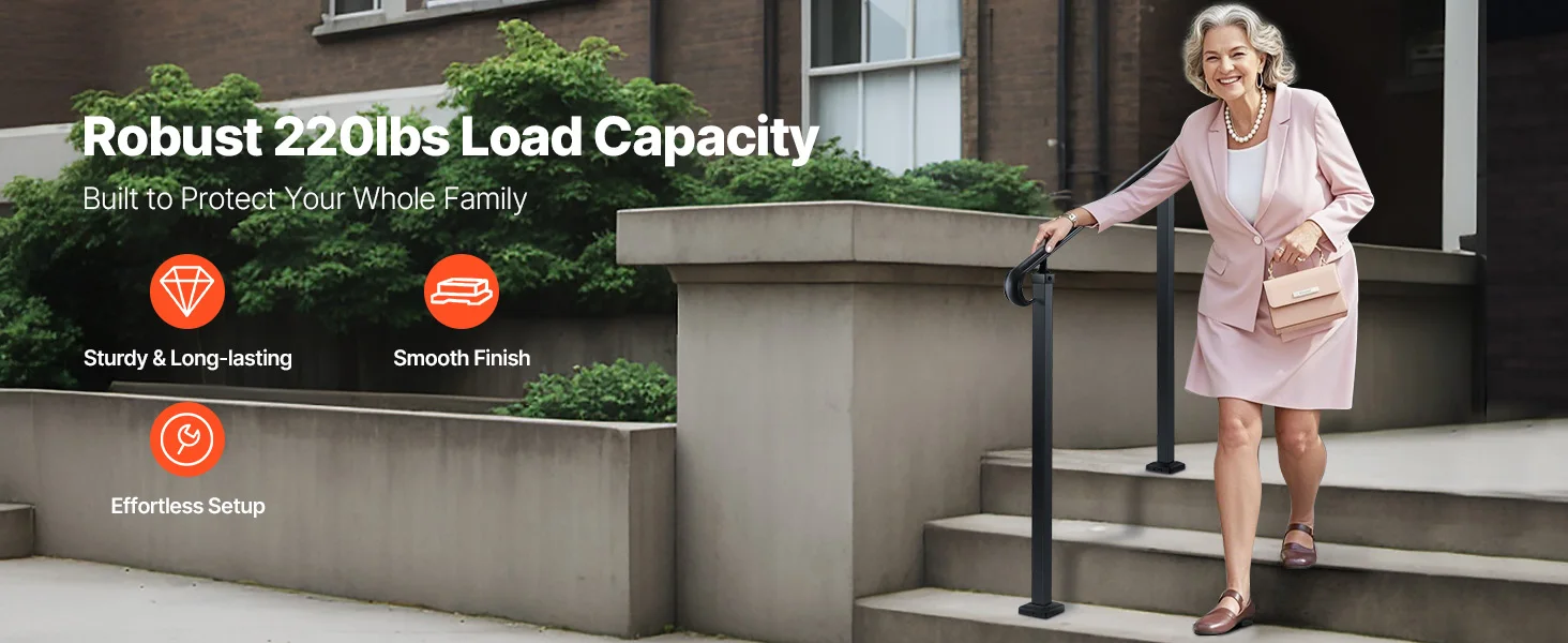 SucceBuy Handrails for Outdoor Steps 2-3 Step Adjustable Height Carbon Steel Transitional Handrail with Installation Kit Black