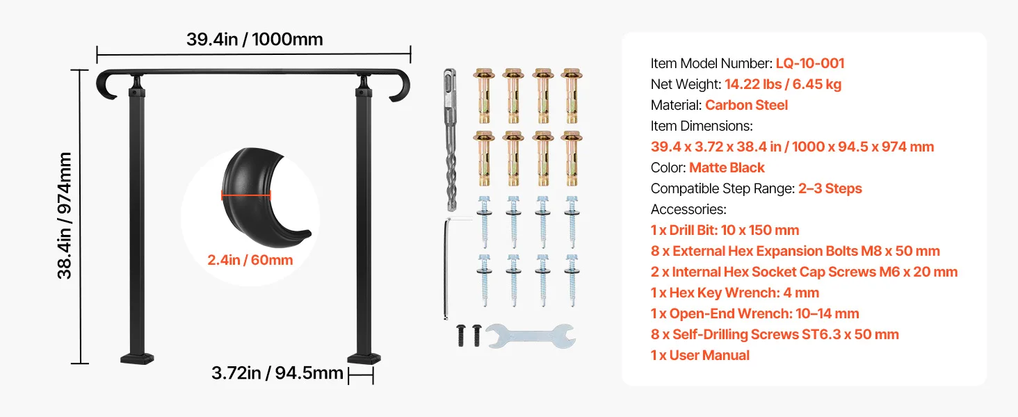SucceBuy Handrails for Outdoor Steps 2-3 Step Adjustable Height Carbon Steel Transitional Handrail with Installation Kit Black