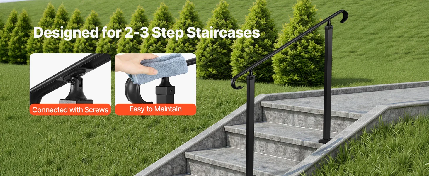 SucceBuy Handrails for Outdoor Steps 2-3 Step Adjustable Height Carbon Steel Transitional Handrail with Installation Kit Black