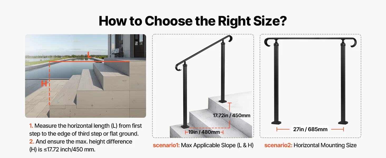 SucceBuy Handrails for Outdoor Steps 2-3 Step Adjustable Height Carbon Steel Transitional Handrail with Installation Kit Black