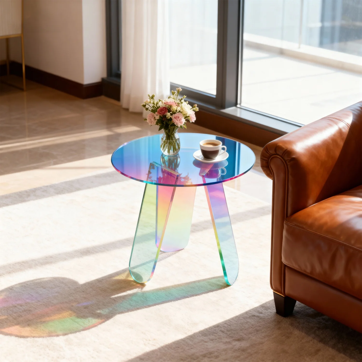 Round Iridescent Side Table Small Space Acrylic End Table Coffee Table Furniture for Home Living Room Cafe
