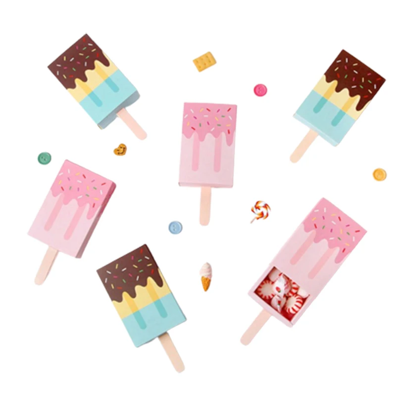5pcs/10pcs Ice cream Shape Candy Boxes Cartoon Pull-out Tray Kraft Paper Popcorn Box Party Favors Box Birthday Decor
