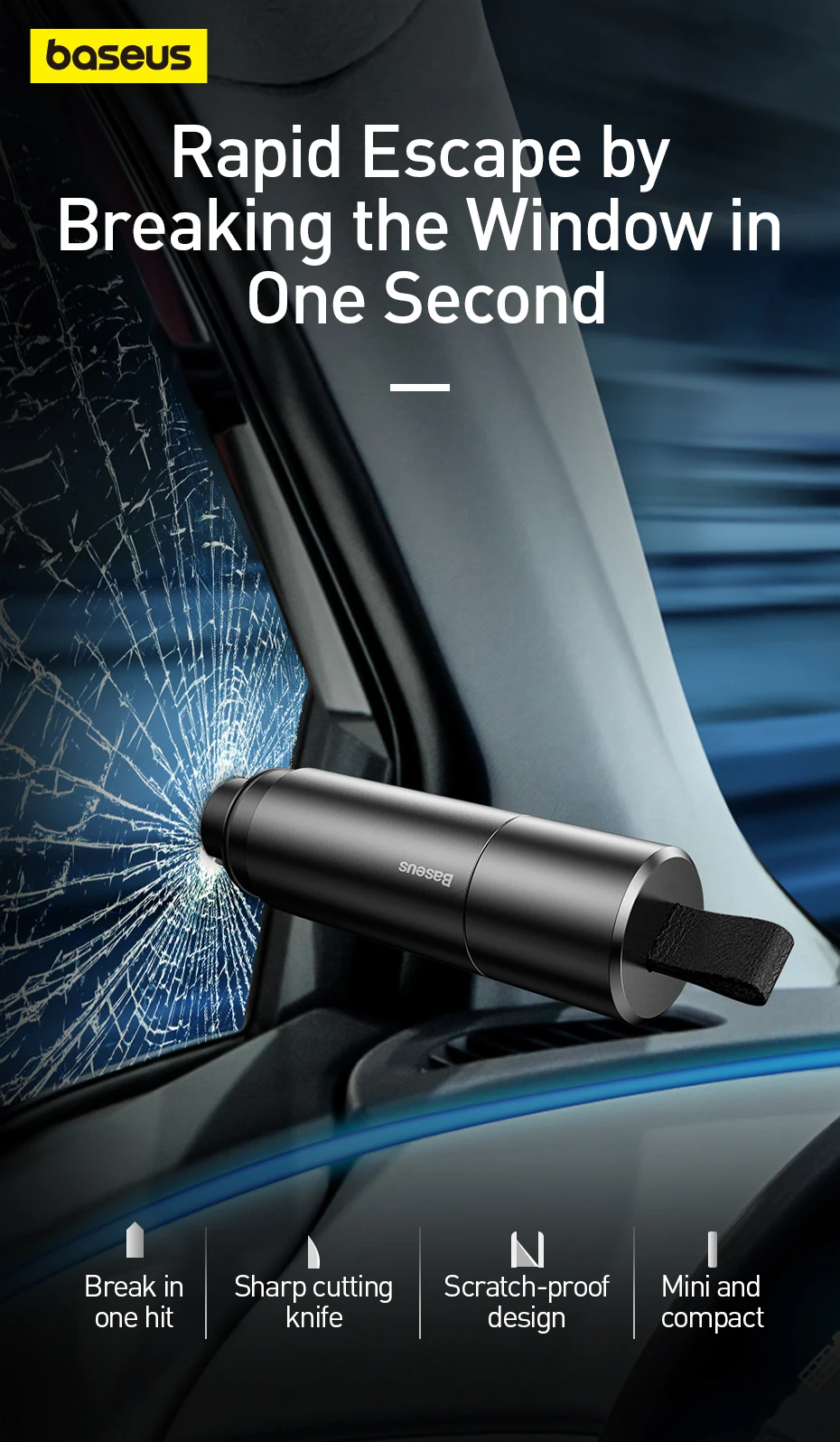 Baseus Car Window Glass Breaker Safety Hammer Seat Belt Cutter Auto Life-Saving Escape Emergency Accessoyies Tool Kit