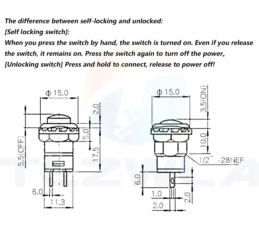 6PCS Self-Lock /Momentary Pushbutton Switches DS228 DS428 12mm OFF- ON Push Button Switch 3A /125VAC 1.5A/250VAC DS-228 DS-428