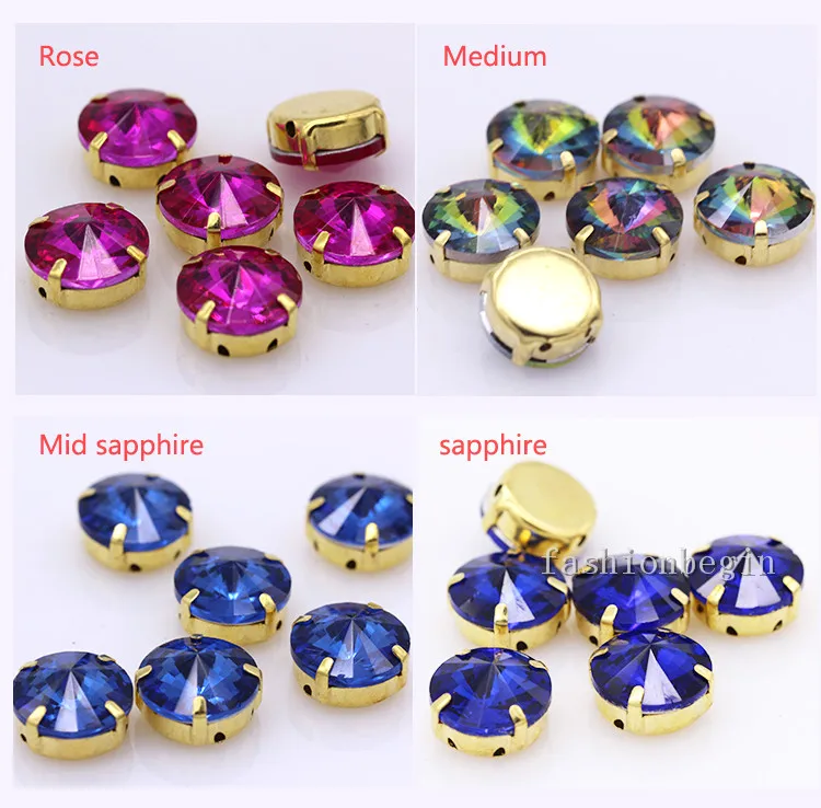 24Colors 6/8/10/12/14/16/18/25MM Rivoli Round Sew on Rhinestone Crystal With Golden Button For Garments Jewelry Shoes Diy Trims