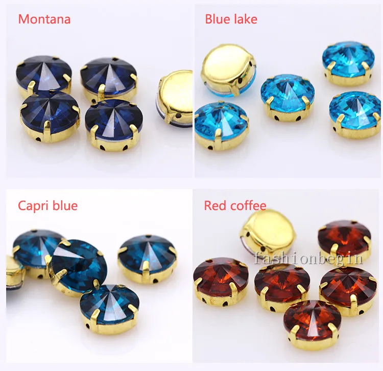 24Colors 6/8/10/12/14/16/18/25MM Rivoli Round Sew on Rhinestone Crystal With Golden Button For Garments Jewelry Shoes Diy Trims