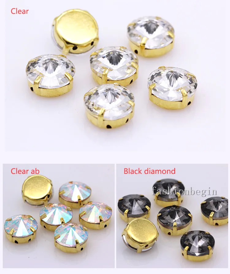 24Colors 6/8/10/12/14/16/18/25MM Rivoli Round Sew on Rhinestone Crystal With Golden Button For Garments Jewelry Shoes Diy Trims
