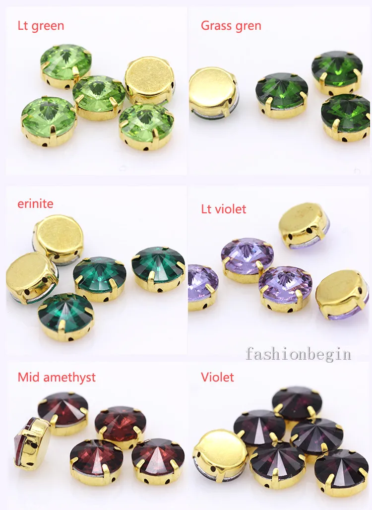 24Colors 6/8/10/12/14/16/18/25MM Rivoli Round Sew on Rhinestone Crystal With Golden Button For Garments Jewelry Shoes Diy Trims