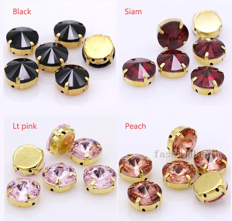 24Colors 6/8/10/12/14/16/18/25MM Rivoli Round Sew on Rhinestone Crystal With Golden Button For Garments Jewelry Shoes Diy Trims