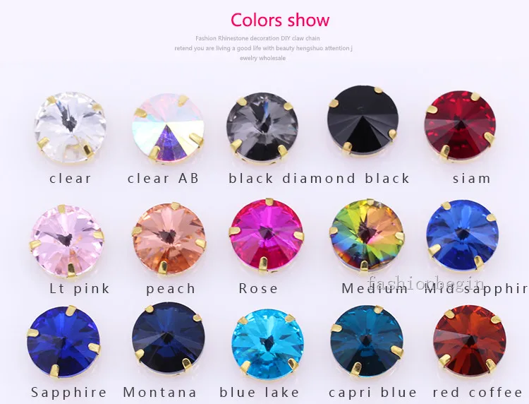 24Colors 6/8/10/12/14/16/18/25MM Rivoli Round Sew on Rhinestone Crystal With Golden Button For Garments Jewelry Shoes Diy Trims
