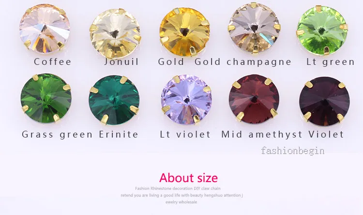 24Colors 6/8/10/12/14/16/18/25MM Rivoli Round Sew on Rhinestone Crystal With Golden Button For Garments Jewelry Shoes Diy Trims