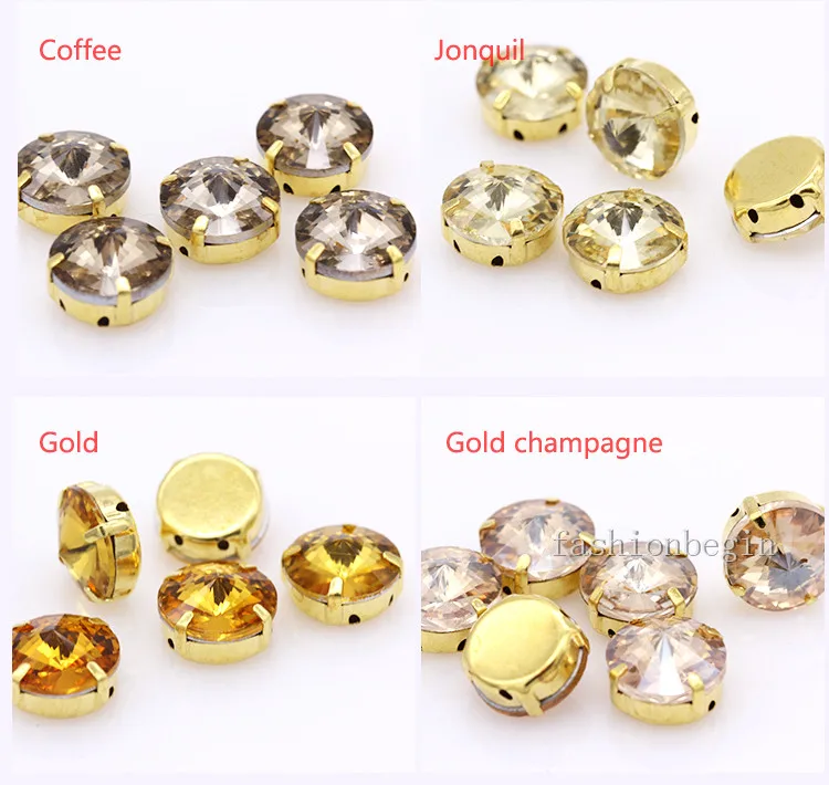 24Colors 6/8/10/12/14/16/18/25MM Rivoli Round Sew on Rhinestone Crystal With Golden Button For Garments Jewelry Shoes Diy Trims