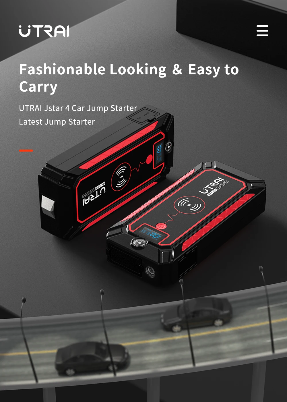 UTRAI 2500A Car Battery Starter Portable Power Bank 10W Wireless Charger LED Light Safety Hammer Car Jump Starter