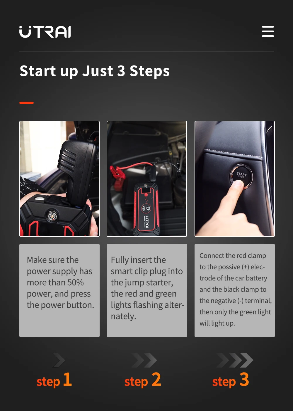UTRAI 2500A Car Battery Starter Portable Power Bank 10W Wireless Charger LED Light Safety Hammer Car Jump Starter