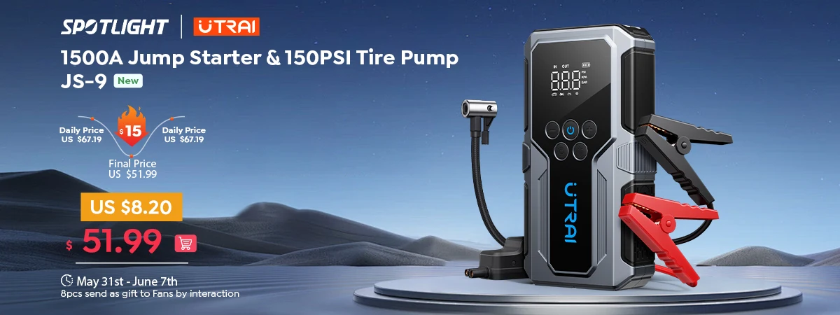 UTRAI 2500A Car Battery Starter Portable Power Bank 10W Wireless Charger LED Light Safety Hammer Car Jump Starter