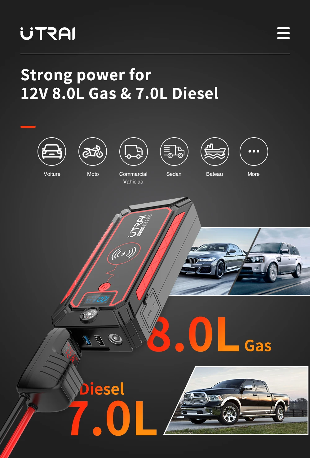 UTRAI 2500A Car Battery Starter Portable Power Bank 10W Wireless Charger LED Light Safety Hammer Car Jump Starter