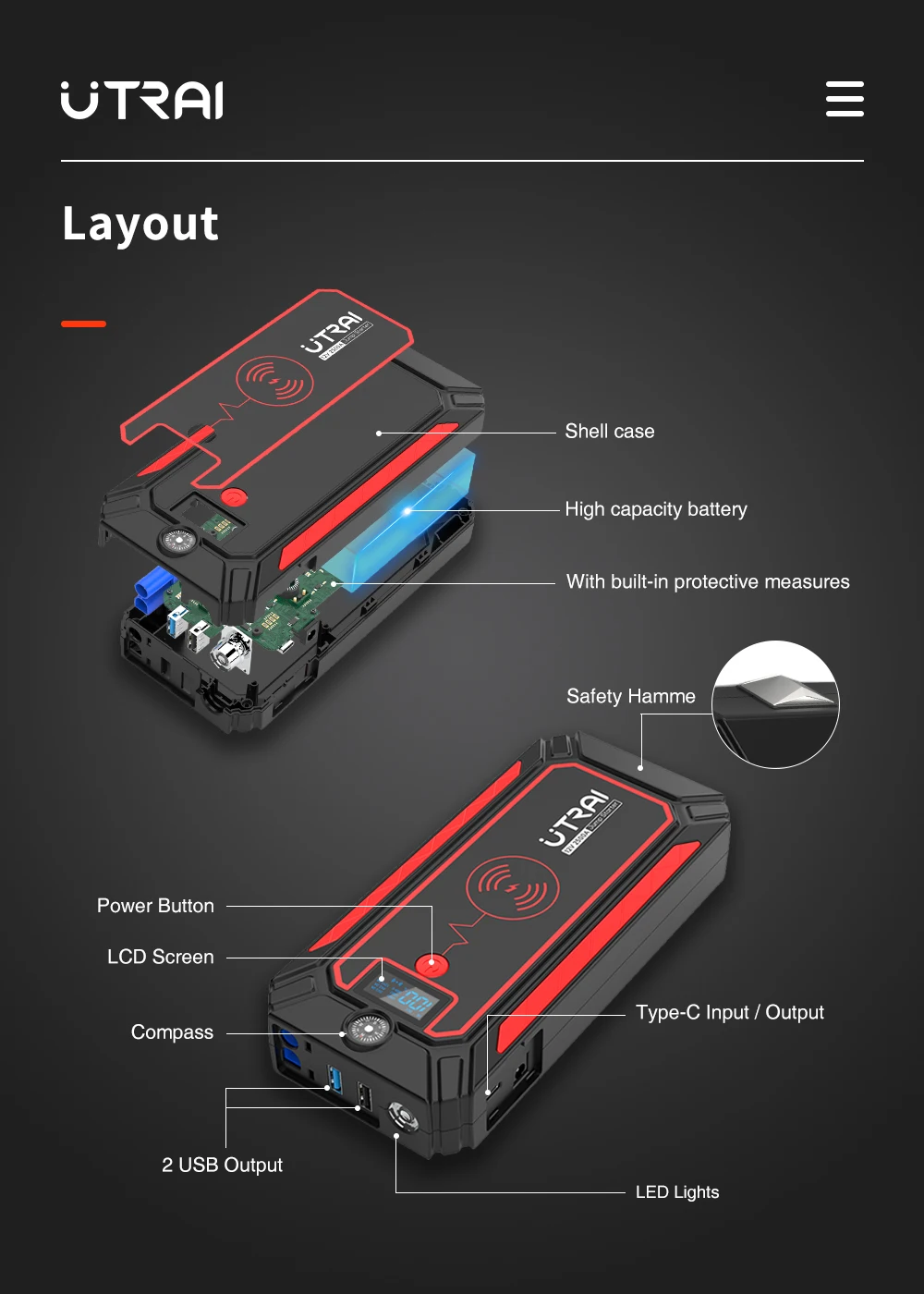 UTRAI 2500A Car Battery Starter Portable Power Bank 10W Wireless Charger LED Light Safety Hammer Car Jump Starter