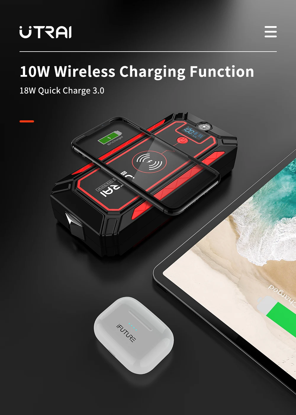 UTRAI 2500A Car Battery Starter Portable Power Bank 10W Wireless Charger LED Light Safety Hammer Car Jump Starter