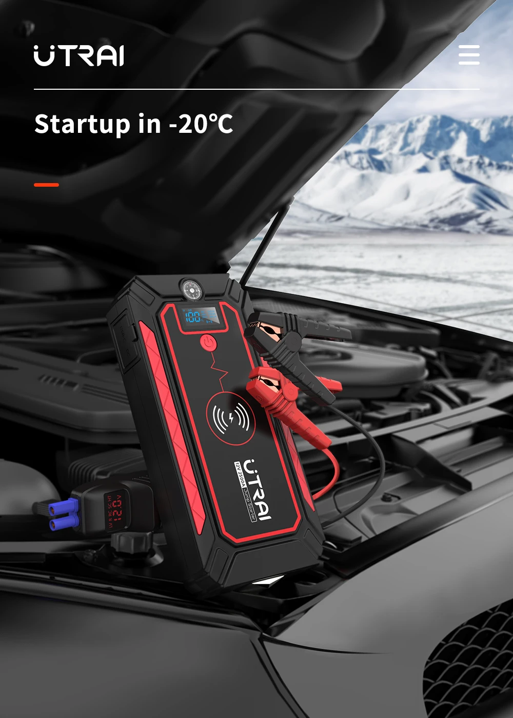 UTRAI 2500A Car Battery Starter Portable Power Bank 10W Wireless Charger LED Light Safety Hammer Car Jump Starter