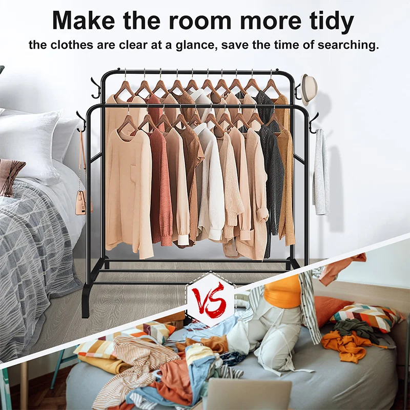 Double Rail Clothes Rack Standing Clothes Rail Shoes Rack Storage Shelf Wall Clothes Rack for Wardrobe Room Bedroom Living Room