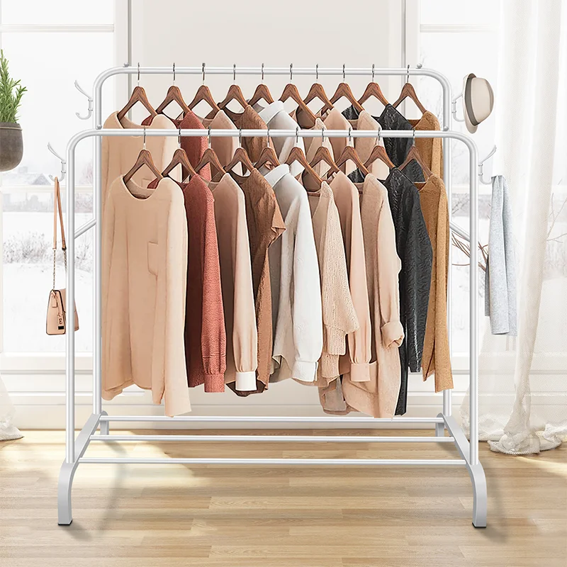 Double Rail Clothes Rack Standing Clothes Rail Shoes Rack Storage Shelf Wall Clothes Rack for Wardrobe Room Bedroom Living Room