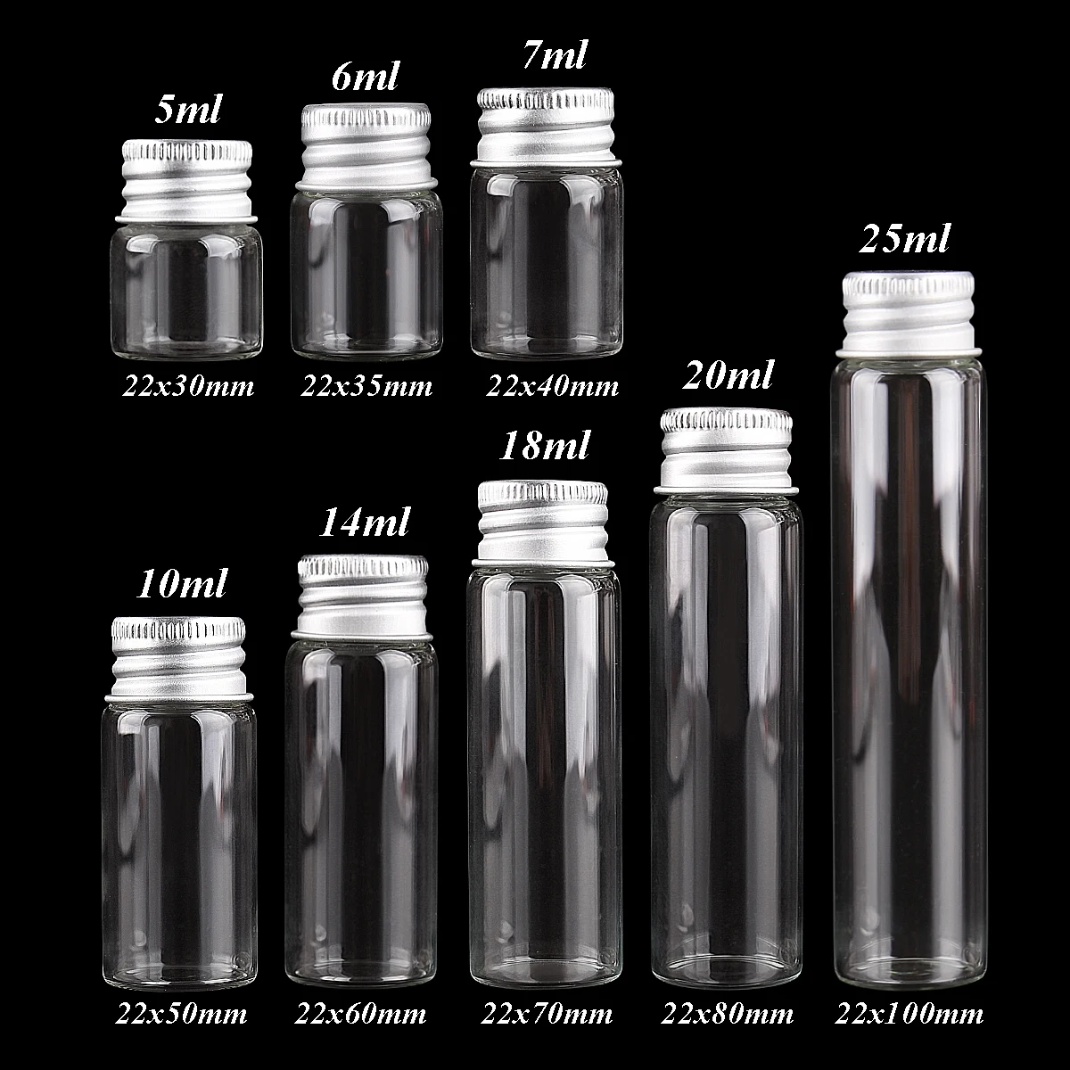 10 pieces 5ml/6ml/7ml/10ml/14ml/18ml/20ml/25ml/30ml Glass Bottles with Aluminium Lids Small Mini Glass Jars 9 Sizes U-pick