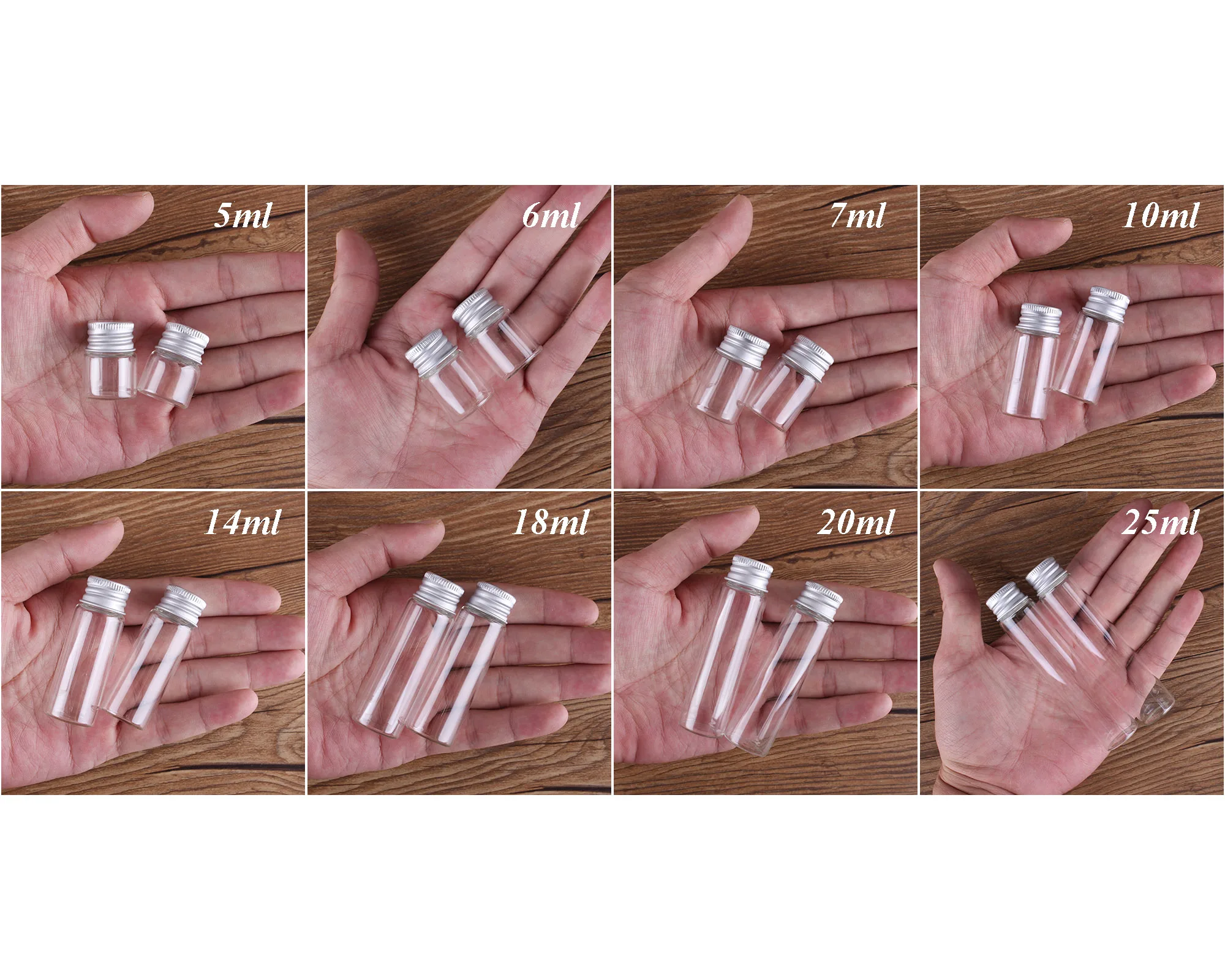 10 pieces 5ml/6ml/7ml/10ml/14ml/18ml/20ml/25ml/30ml Glass Bottles with Aluminium Lids Small Mini Glass Jars 9 Sizes U-pick