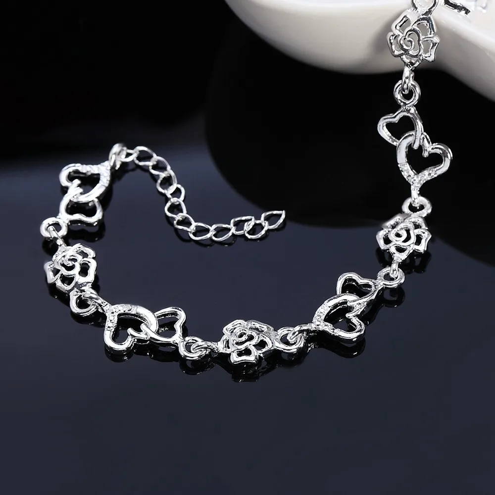 Beautiful 925 Sterling Silver Bracelet for Women Bracelet HEART Lovely Flower Chain Fashion Wedding Party Cute Lady Nice Jewelry